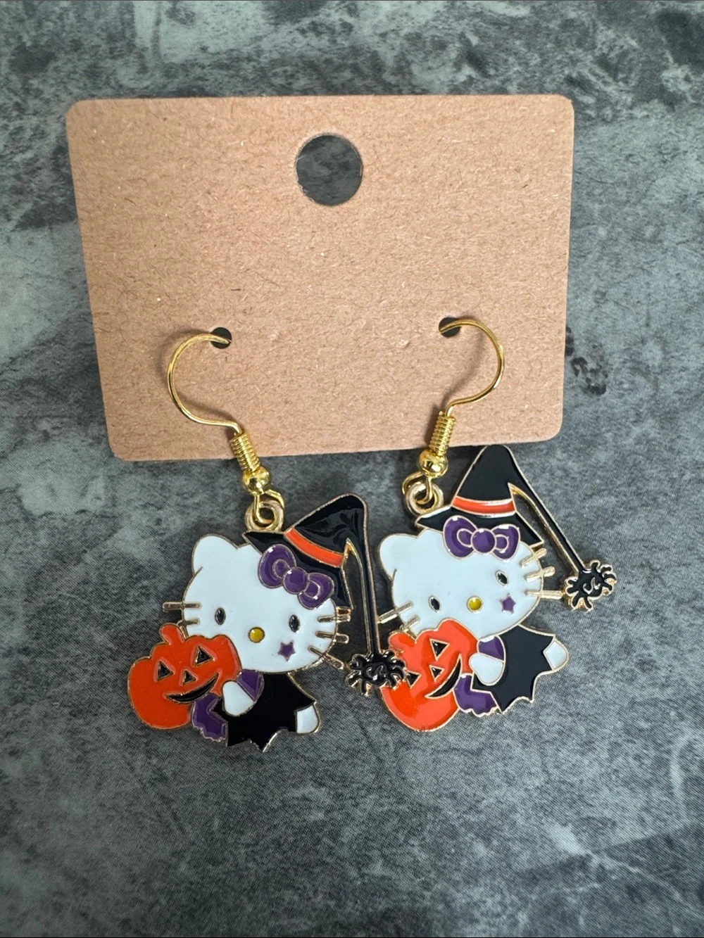 Hello Kitty Halloween Witch Pumpkin Earrings - White Orange Purple & Black